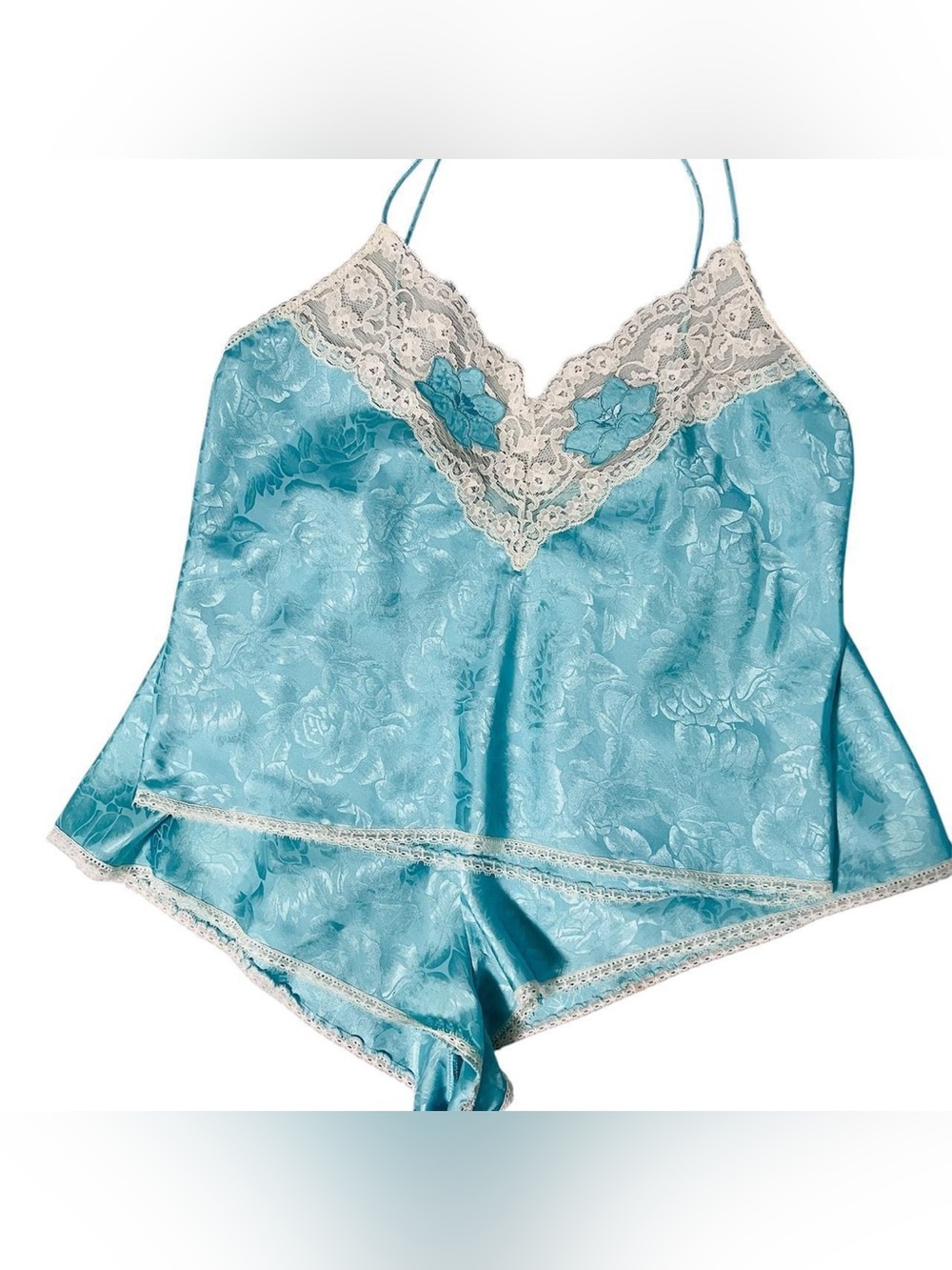 Vtg Silky Blue Lace Trim Camisole & Short Set